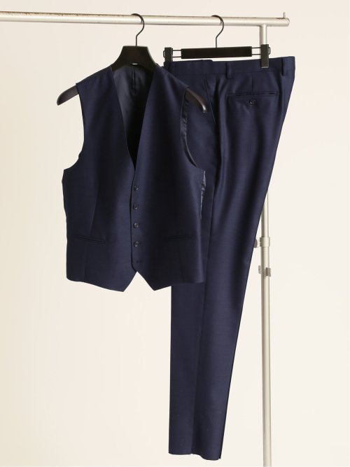 シルク混ウール レギュラーフィット 2ボタン3ピーススーツ 組織紺