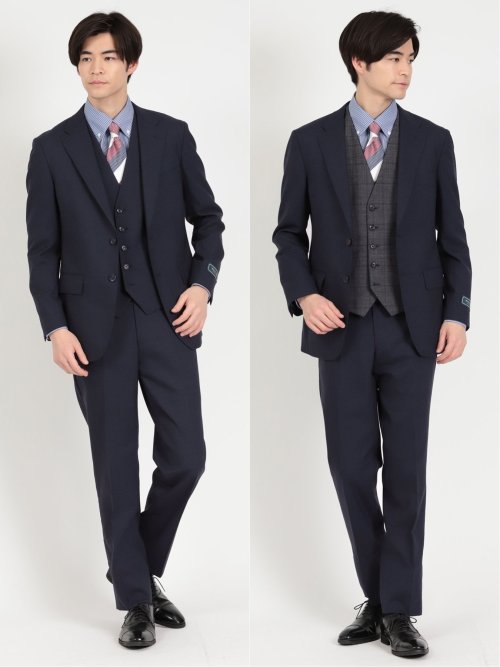 ウール混ストレッチ レギュラーフィット 2ボタンコーディネート3ピーススーツ 組織紺