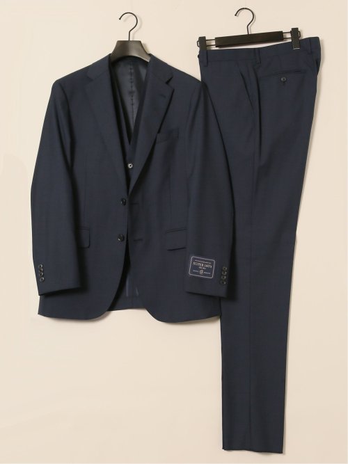 シルク混ウール レギュラーフィット 2ボタン3ピーススーツ 無地紺