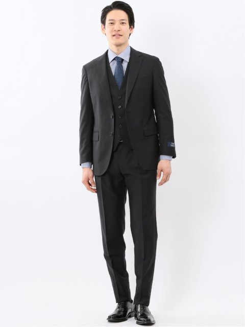 マルゾット ウール レギュラーフィット 2ボタン 3ピース スーツ 組織黒