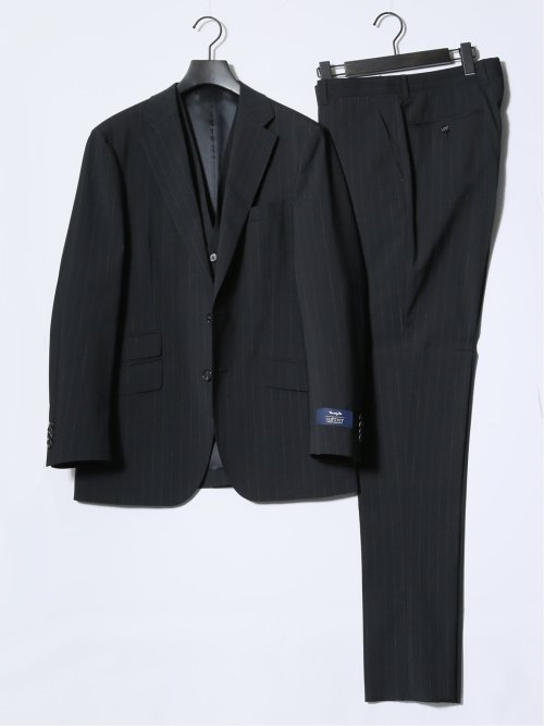 マルゾット/Marzotto ウール混 レギュラーフィット 2ボタン3ピーススーツ ストライプ黒