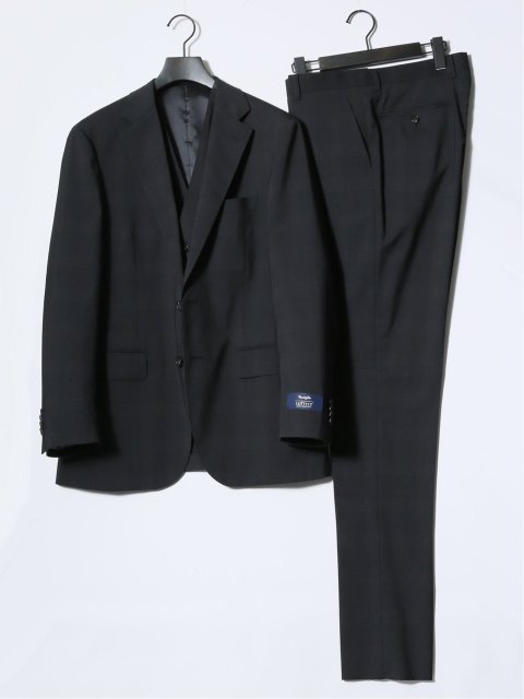 マルゾット/Marzotto ウール混 レギュラーフィット 2ボタン3ピーススーツ チェック黒