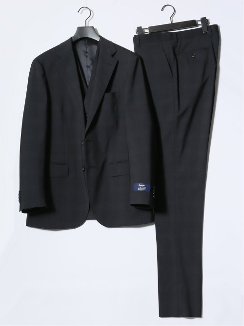 マルゾット/Marzotto ウール混 レギュラーフィット 2ボタン3ピーススーツ チェック黒