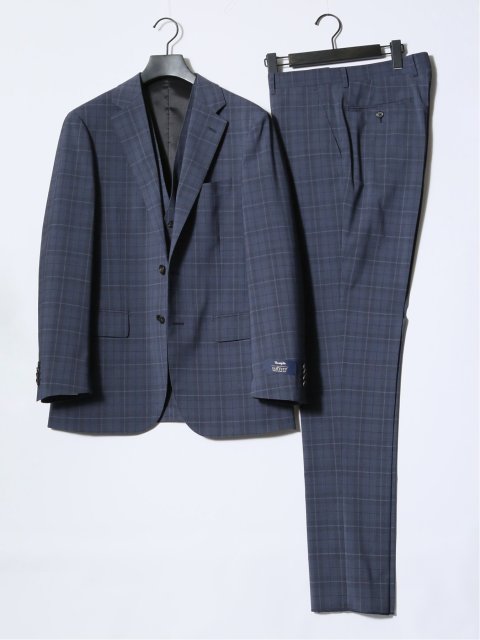 マルゾット/Marzotto ウール混 レギュラーフィット 2ボタン3ピーススーツ チェック青