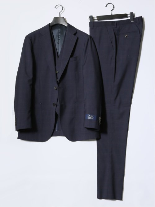 マルゾット/Marzotto ウール レギュラーフィット 2ボタン3ピーススーツ チェック紺