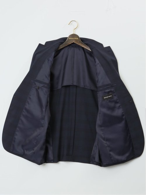 【大きいサイズ】グランバック/GRAND-BACK ウール混 2ボタン2ピーススーツ シャドーチェック紺