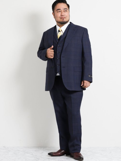 【大きいサイズ】アレキサンダージュリアン/ALEXANDER JULIAN ジニョーネ/ZIGNONE チェック紺 3ピーススーツ(KB4