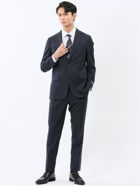 マルゾット ウール レギュラーフィット 2ボタン2ピーススーツ ストライプ紺(セットアップ可能)