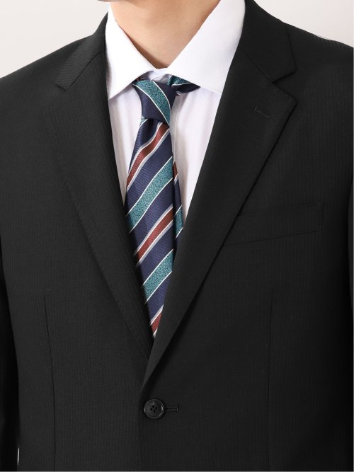 光沢ウール混 レギュラーフィット 2ボタン2ピーススーツ シャドーストライプ黒
