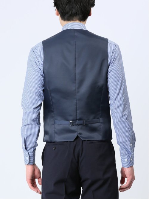 光沢ウール混 スリムフィット 2ボタン3ピーススーツ チェック紺