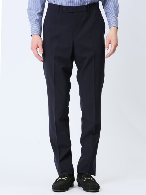 光沢ウール混 スリムフィット 2ボタン3ピーススーツ チェック紺