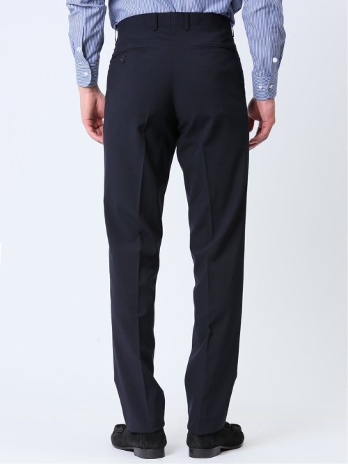 光沢ウール混 スリムフィット 2ボタン3ピーススーツ チェック紺