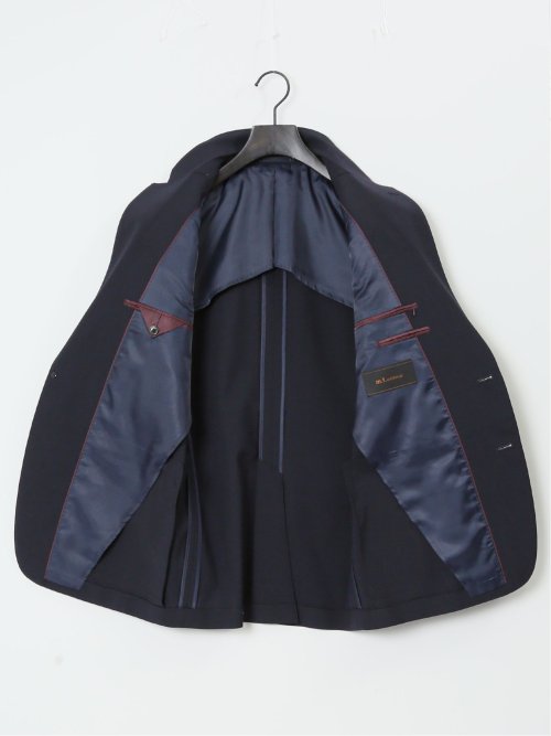 光沢ウール混 スリムフィット 2ボタン3ピーススーツ チェック紺