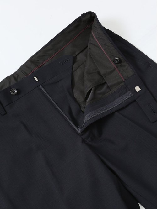 光沢ウール混 スリムフィット 2ボタン3ピーススーツ チェック紺