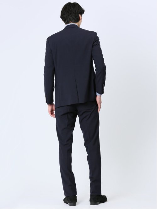 光沢ウール混 スリムフィット 2ボタン3ピーススーツ チェック紺