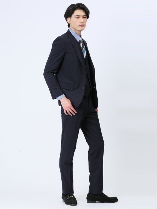 光沢ウール混 スリムフィット 2ボタン3ピーススーツ チェック紺
