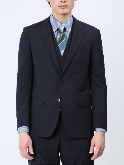 光沢ウール混 スリムフィット 2ボタン3ピーススーツ チェック紺