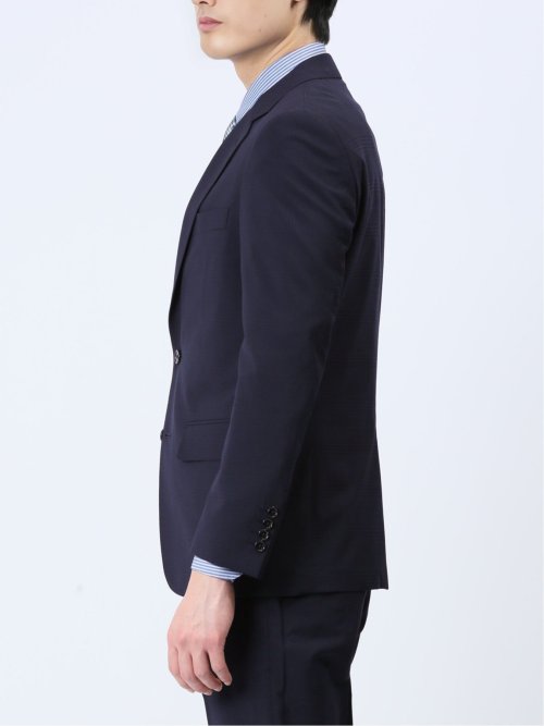 光沢ウール混 スリムフィット 2ボタン3ピーススーツ チェック紺