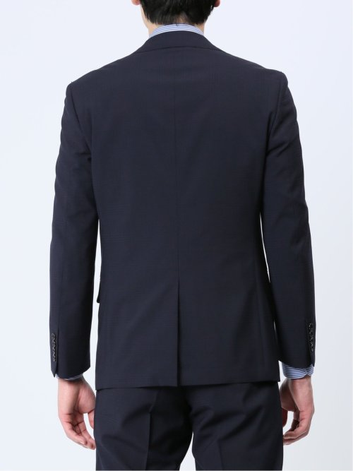 光沢ウール混 スリムフィット 2ボタン3ピーススーツ チェック紺