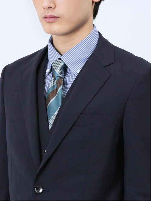 光沢ウール混 スリムフィット 2ボタン3ピーススーツ チェック紺