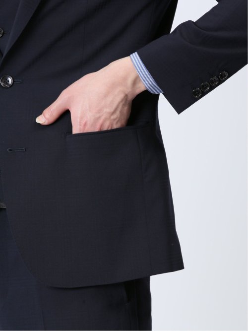 光沢ウール混 スリムフィット 2ボタン3ピーススーツ チェック紺