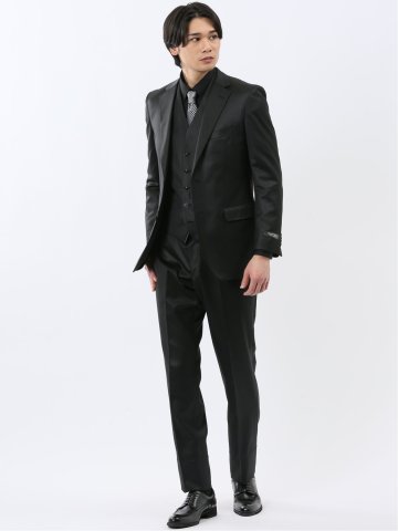 光沢ウール混 スリムフィット 2ボタン3ピーススーツ 黒無地