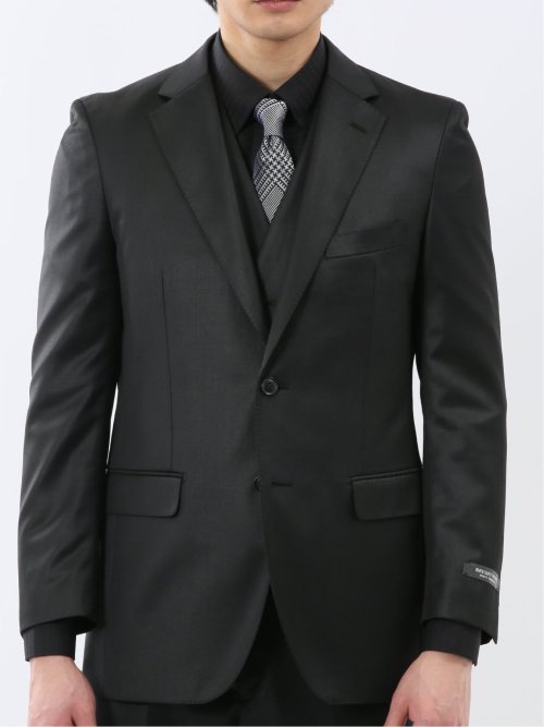 光沢ウール混 スリムフィット 2ボタン3ピーススーツ 黒無地