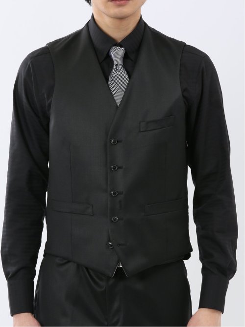 光沢ウール混 スリムフィット 2ボタン3ピーススーツ 黒無地