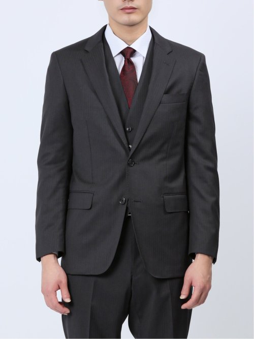 光沢ウール混 スリムフィット 2ボタン3ピーススーツ ストライプグレー