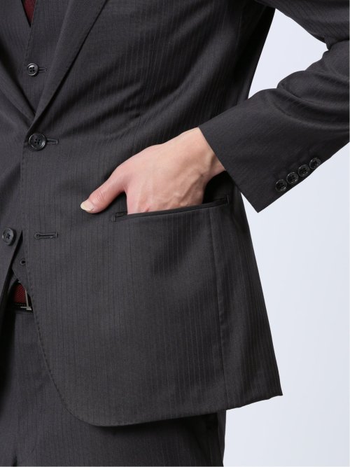 光沢ウール混 スリムフィット 2ボタン3ピーススーツ ストライプグレー