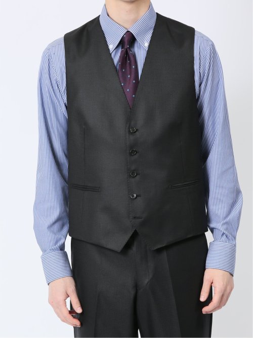 光沢ウール混 スリムフィット 2ボタン3ピーススーツ 千鳥黒