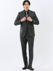 光沢ウール混 スリムフィット 2ボタン3ピーススーツ 組織グレー