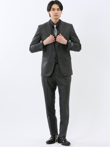 光沢ウール混 スリムフィット 2ボタン3ピーススーツ 組織グレー