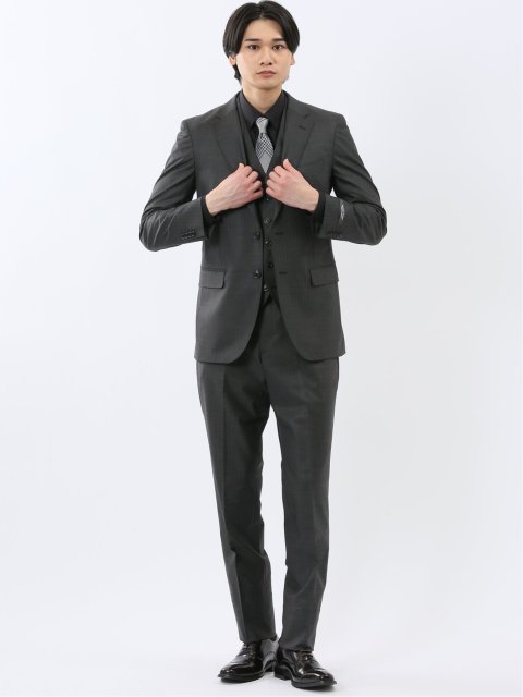 光沢ウール混 スリムフィット 2ボタン3ピーススーツ 組織グレー