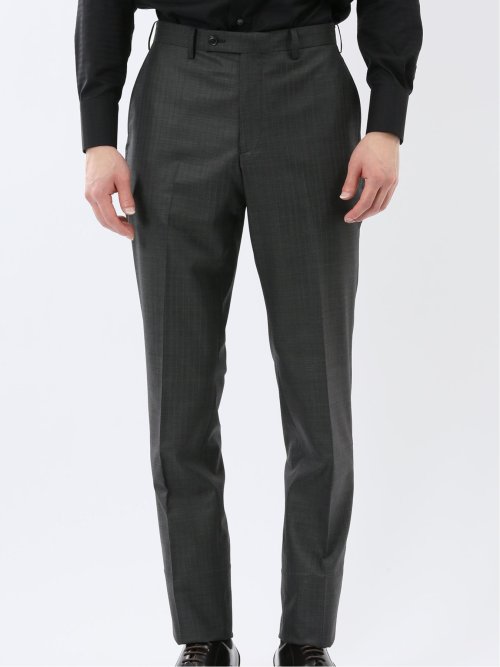 光沢ウール混 スリムフィット 2ボタン3ピーススーツ 組織グレー