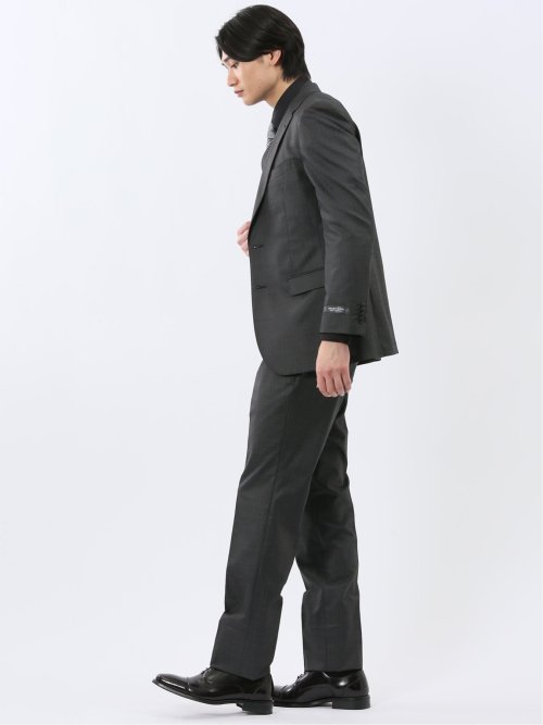 光沢ウール混 スリムフィット 2ボタン3ピーススーツ 組織グレー