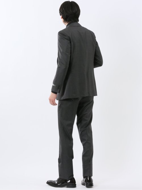 光沢ウール混 スリムフィット 2ボタン3ピーススーツ 組織グレー