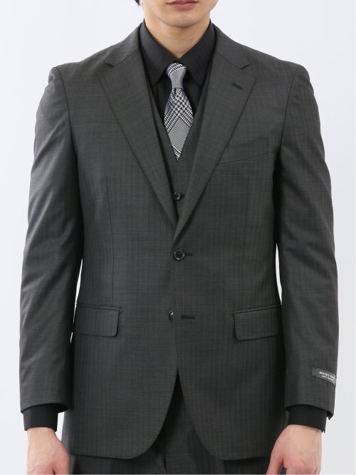 光沢ウール混 スリムフィット 2ボタン3ピーススーツ 組織グレー