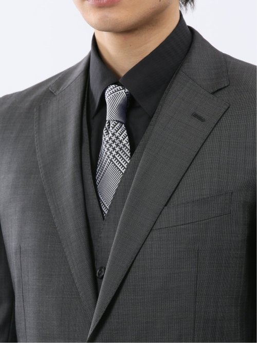 光沢ウール混 スリムフィット 2ボタン3ピーススーツ 組織グレー