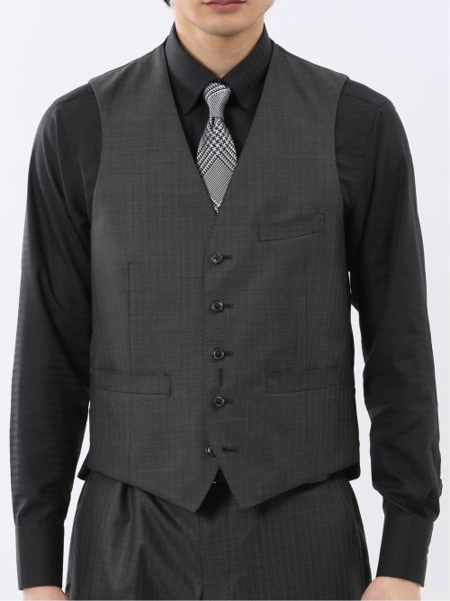 光沢ウール混 スリムフィット 2ボタン3ピーススーツ 組織グレー