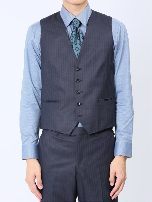 【美品】 taka-Q ジャケット スリーピース ネイビー ストライプ L 超光沢ストレッチ スリムフィット 2ボタン3ピーススーツ