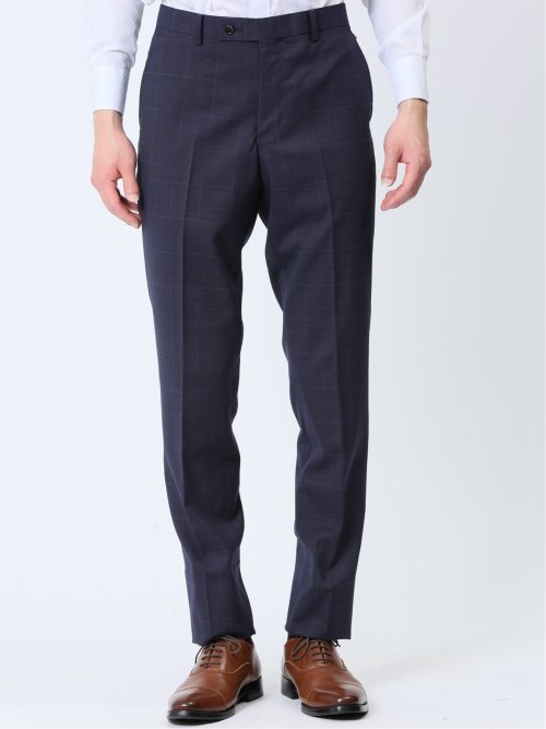 光沢ウール混 スリムフィット 2ボタン3ピーススーツ チェック紺