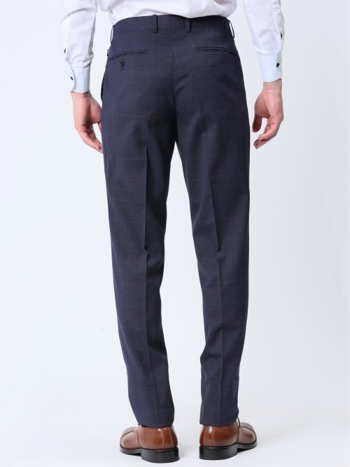 光沢ウール混 スリムフィット 2ボタン3ピーススーツ チェック紺