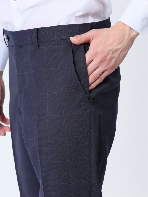 光沢ウール混 スリムフィット 2ボタン3ピーススーツ チェック紺
