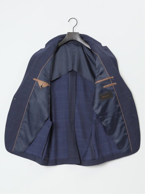 光沢ウール混 スリムフィット 2ボタン3ピーススーツ チェック紺