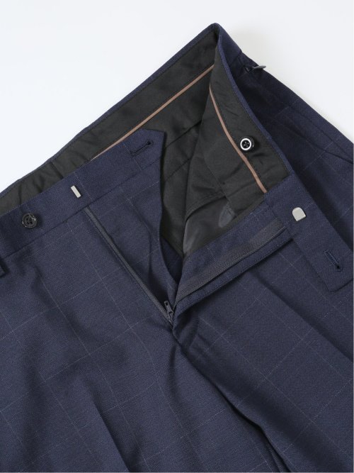 光沢ウール混 スリムフィット 2ボタン3ピーススーツ チェック紺