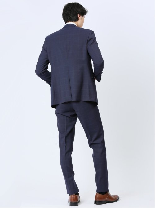 光沢ウール混 スリムフィット 2ボタン3ピーススーツ チェック紺
