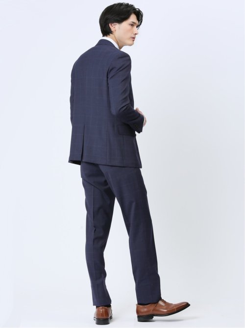 光沢ウール混 スリムフィット 2ボタン3ピーススーツ チェック紺