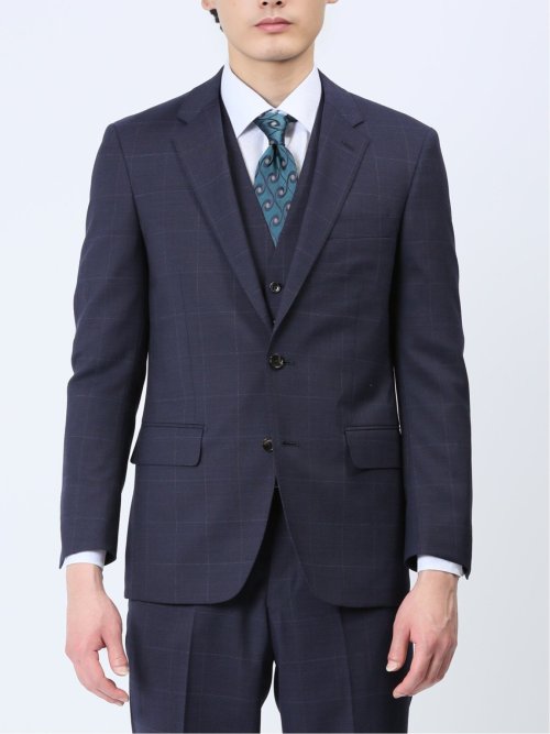 光沢ウール混 スリムフィット 2ボタン3ピーススーツ チェック紺