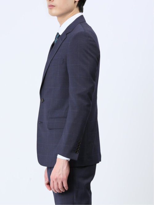 光沢ウール混 スリムフィット 2ボタン3ピーススーツ チェック紺